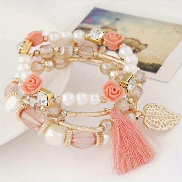 Beaded 4 Piece Stretch Stack Bracelet Set with Roses - Picture 3 of 3